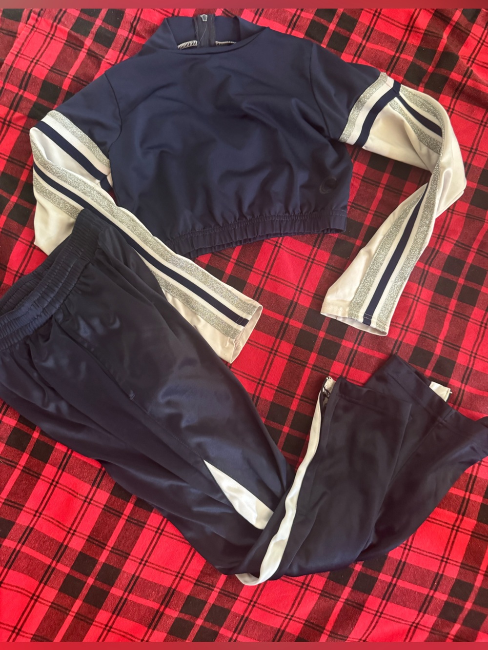 Girls youth small navy & white cheer / dance warmup Pants with Side Stripe